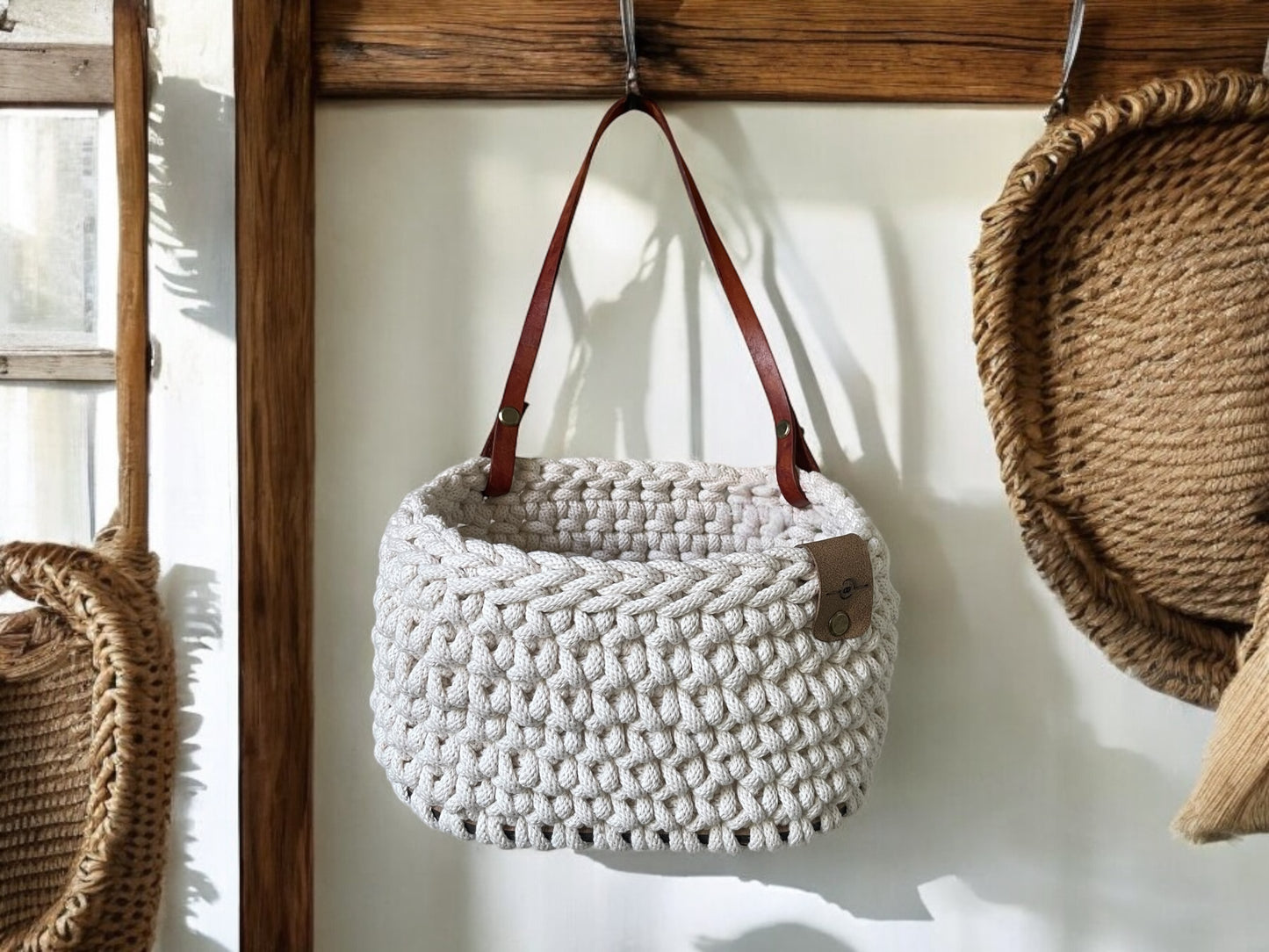 Hanging Storage Crochet Basket - Ecru/Oak