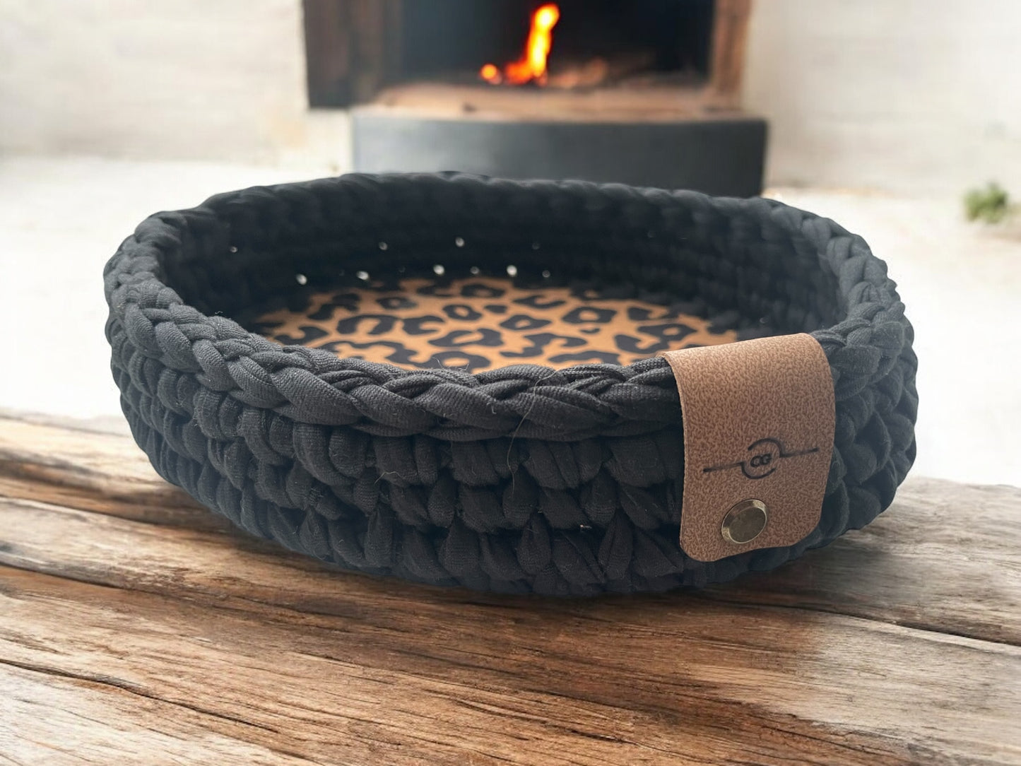 Crochet Basket - Oval - Animal Print Fabric Base