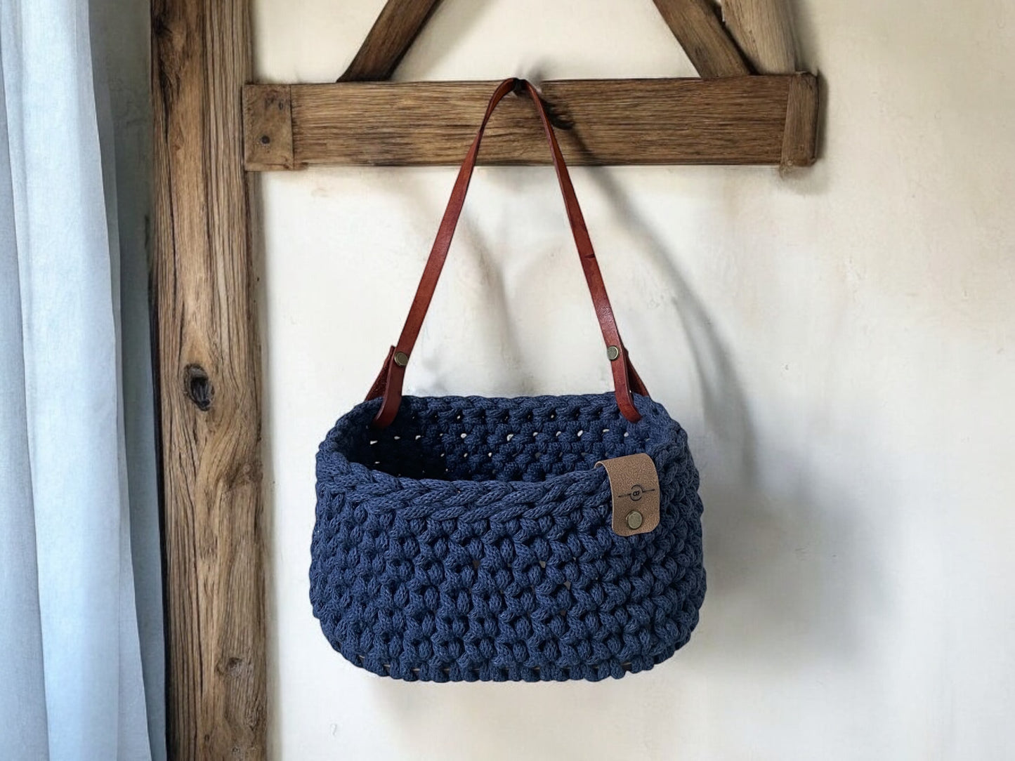 Hanging Storage Crochet Basket - Denim/Oak