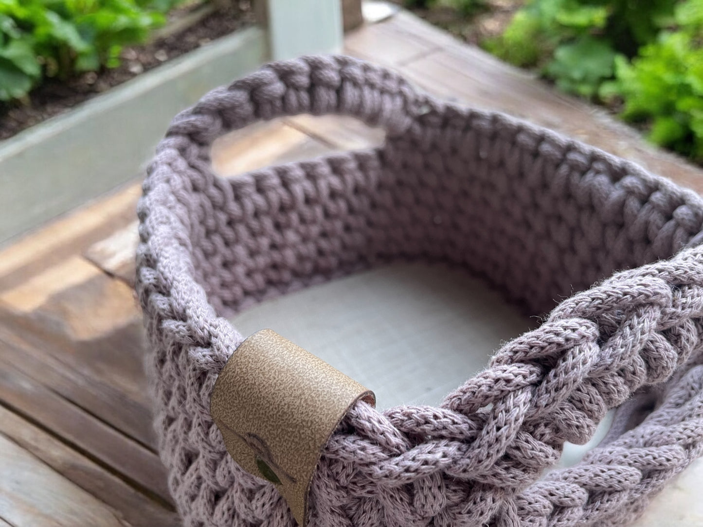 Crochet Basket with handles - Square(M) - Linen fabric base